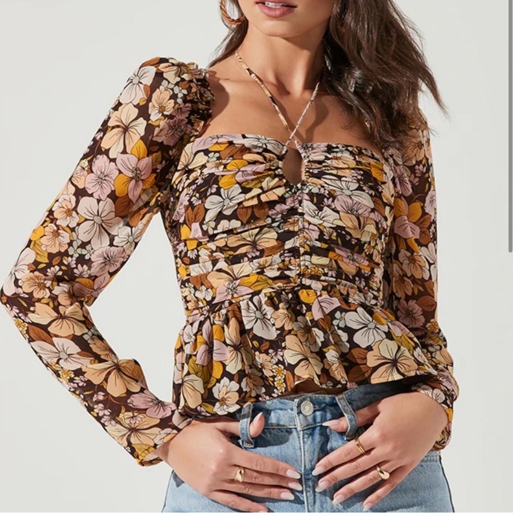 Astr Floral Peplum Long Sleeve Top in Brown, Yellow, Pink